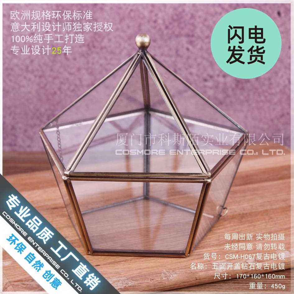 新款直销首饰盒玻璃收纳盒 戒指盒婚礼 复古五面开盖玻璃花房永生
