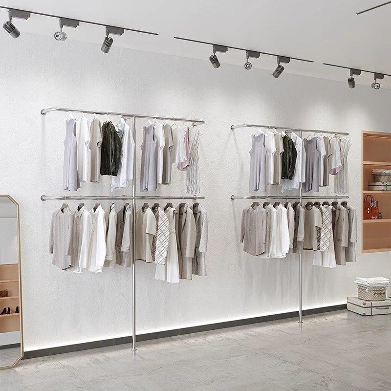 服装店展示架壁挂式挂衣架双层陈列架上墙不锈钢上下银色落地货架图片