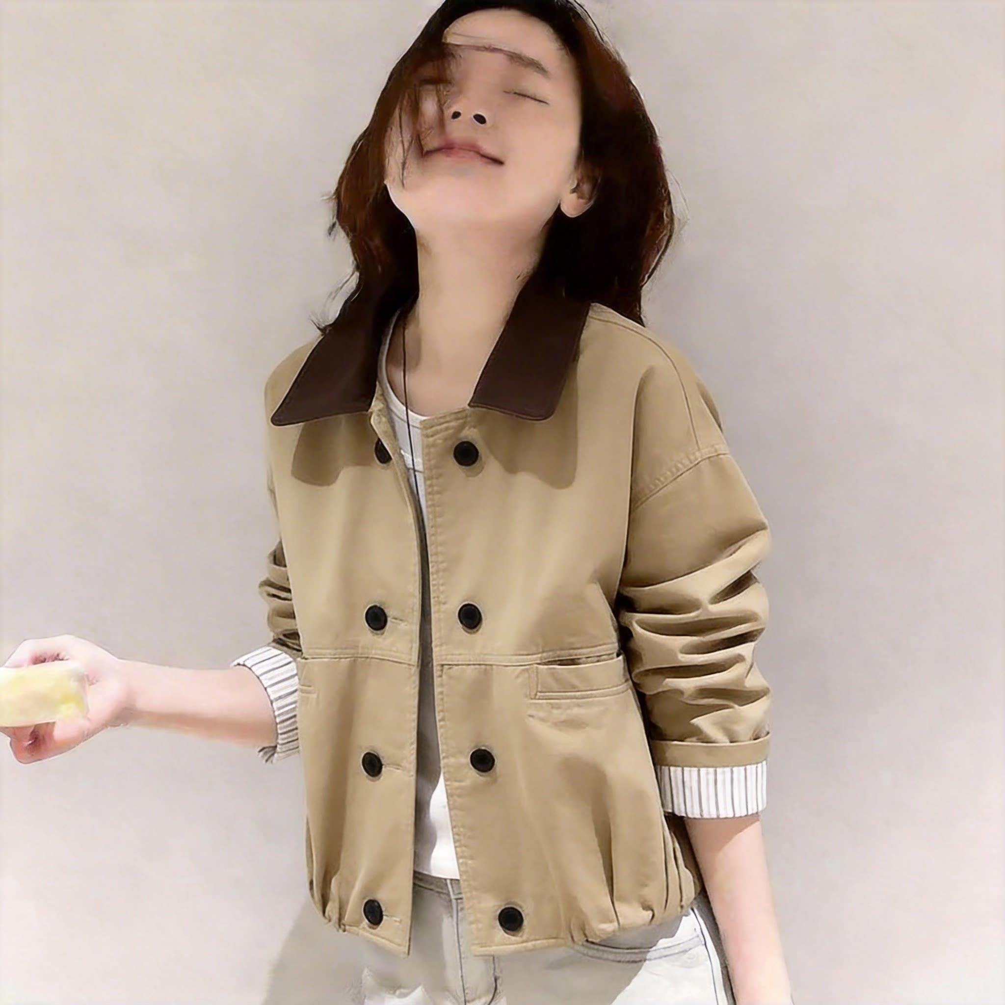 韩版小个子复古撞色翻领风衣女2026春季巨好看双排扣短款工装外套