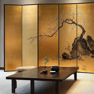 日式素金箔屏风四扇中式酒店客厅茶室隔断新中式空间折屏装饰搭配
