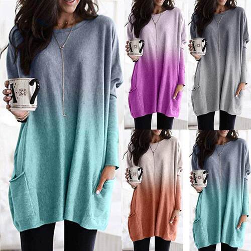 Gradient long sleeved pocket T-shirt top for women's