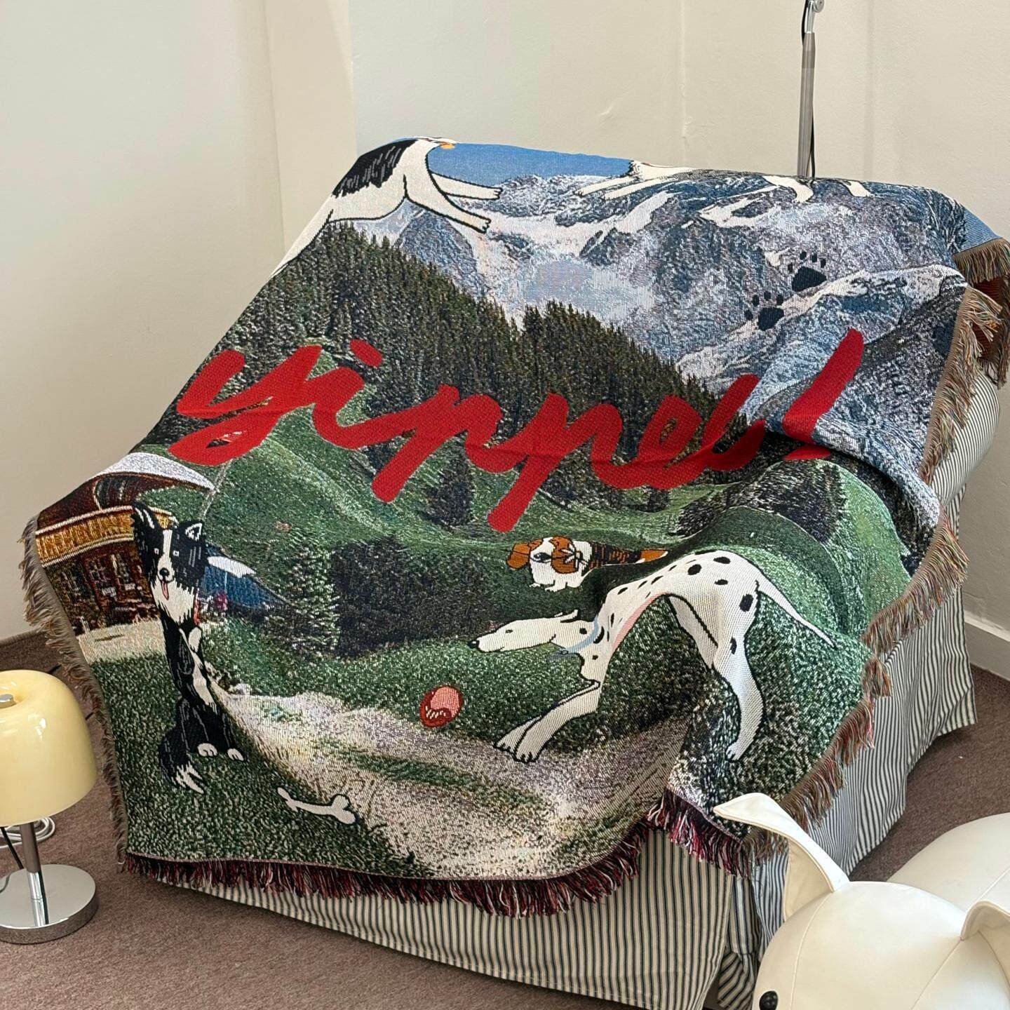 毛毛虫沙发盖毯单人椅子盖布盖巾孟菲斯中古风小狗装饰挂毯地毯棉