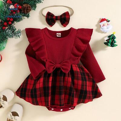 I 22129 Red Ribbed Lace Trim Dress 荷叶边格子裙