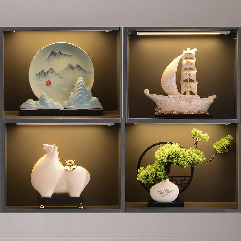 高档葫新中式芦假山瓷盘件摆高端大气装饰品厅工艺客博古架办公室