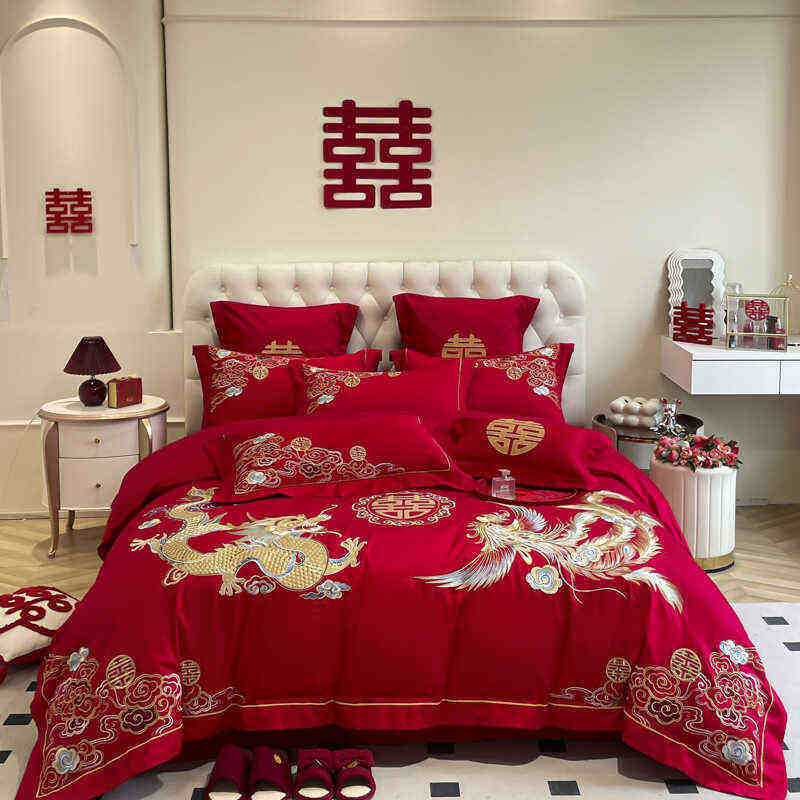 高档龙凤刺绣婚庆四件套大红色全棉纯棉新婚床单被罩结婚床上用品,床上用品,婚庆床品套件,淘宝优惠券,粉丝福利购,淘宝优惠卷