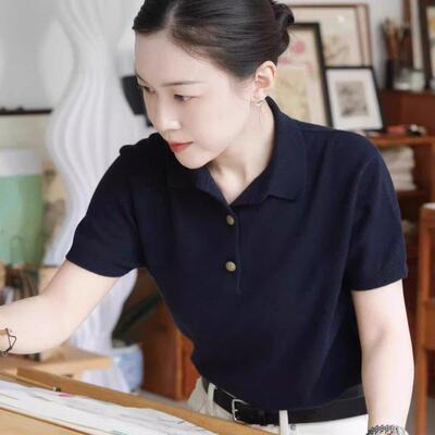 SOLAR/藏青色针织短袖polo衫T恤女夏2026新款轻熟风气质翻领上衣