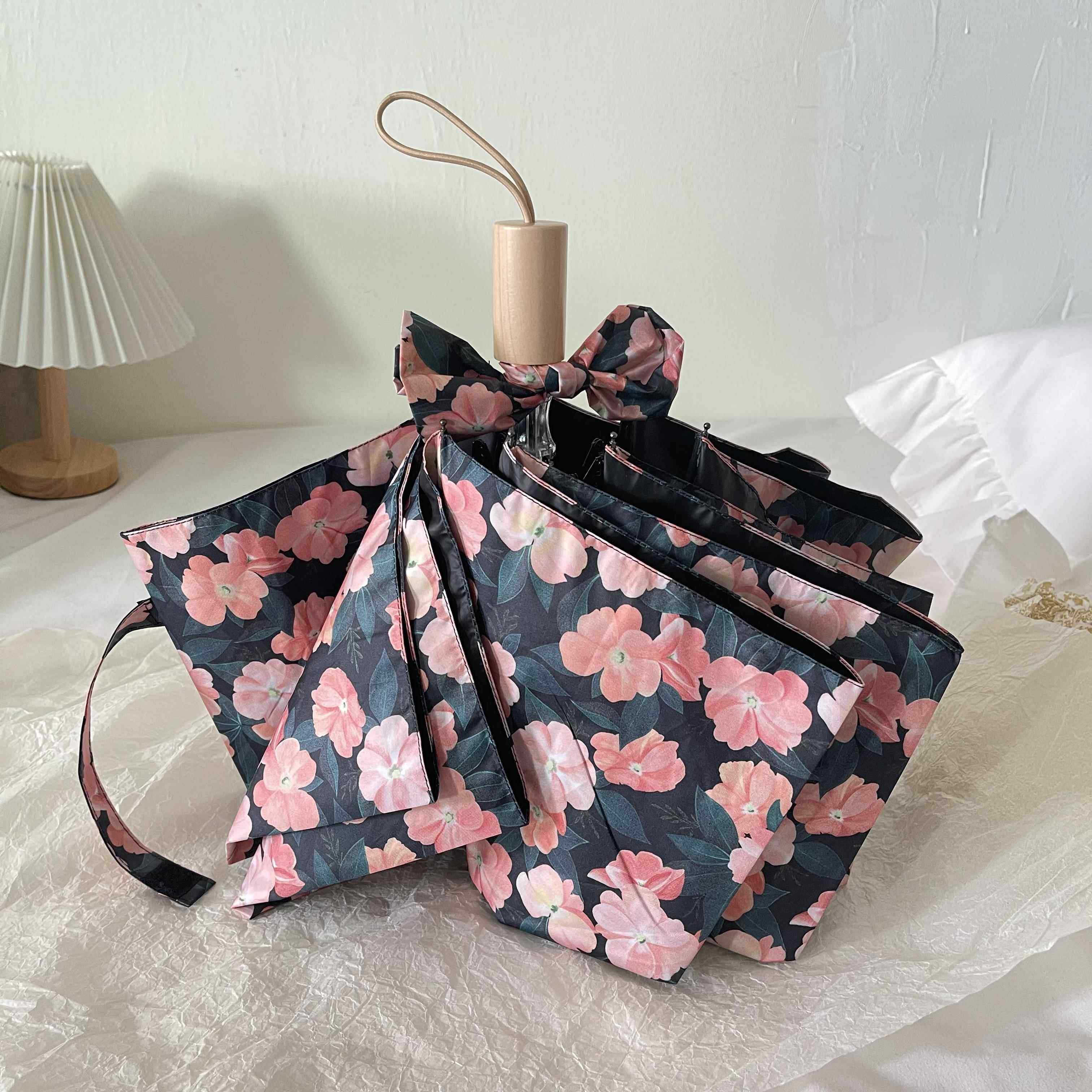 高档ms蔷ho日韩复古薇玫瑰花轻量晴两用折叠遮阳花太阳黑胶雨伞女