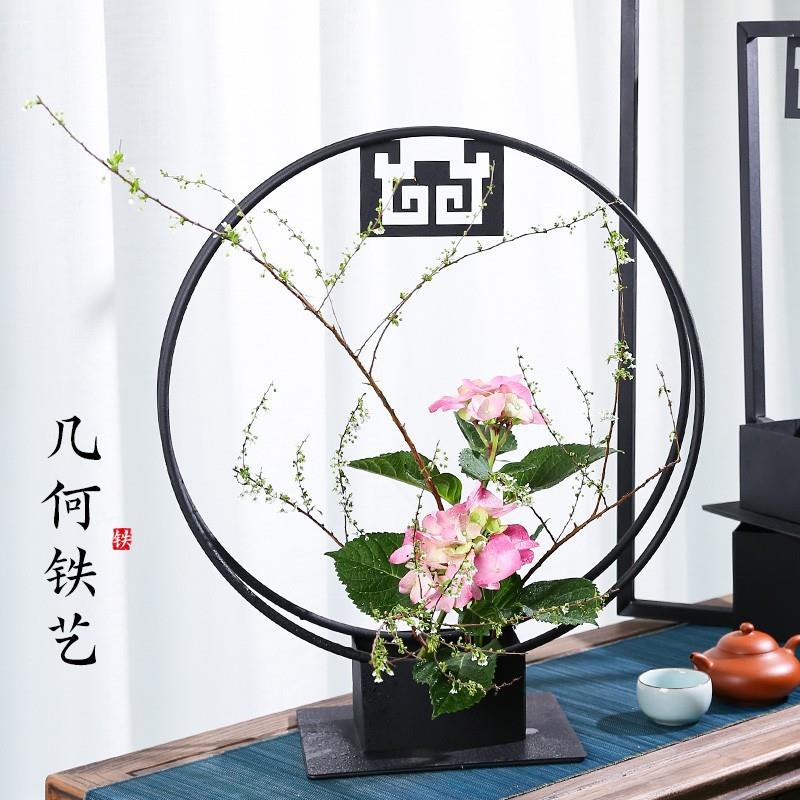 山插剑花中国风铁艺花器中式黑色花架器件花盆客厅QUC花泥摆插花
