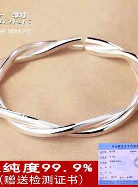 新款烙刻简手花工银饰绞丝女复古麻999银手镯约个性时尚开口纯银