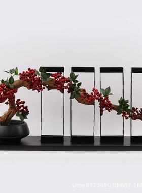 新中式红色迎客松盆景摆件酒店售楼处玄关过道楼梯口艺术软装饰品