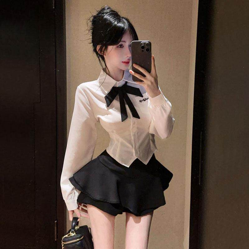 制服学院风套装女秋季带领带白衬衫辣妹收腰衬衣+高腰蓬蓬裙裤