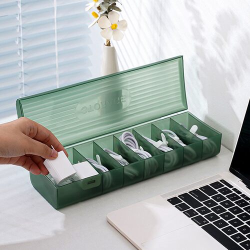 Lidded Data Cable Storage Box Desktop Organizer with Compart