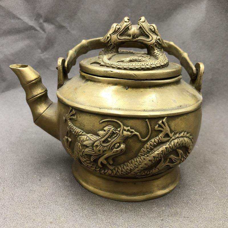 纯铜工艺品铜壶 酒壶水壶家居工艺摆件 双龙壶 提梁壶 复古铜器