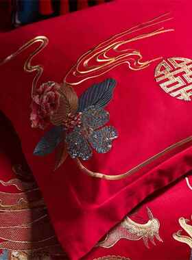 长绒被棉四件套纯棉新中式婚庆色绣刺六件Hft套新婚床上红喜婚嫁