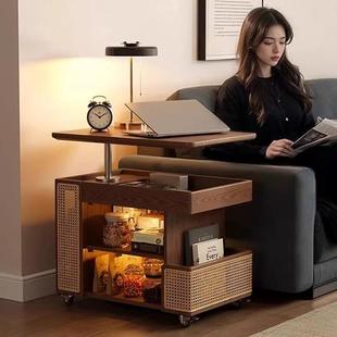 实木移动边几藤编侘寂风升降旋转茶几客厅沙发边柜家用餐厅小推车