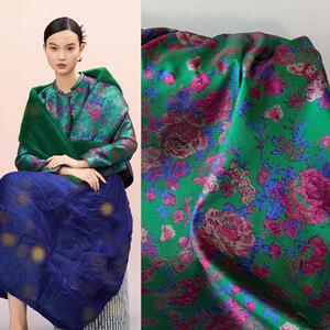 古典国风绿底红色大花金丝色织提花缎面料中式礼服装旗袍汉服布料