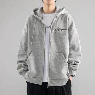 重磅纯棉开衫拉链连帽卫衣男款简约字母情侣加绒外套春秋冬上衣潮