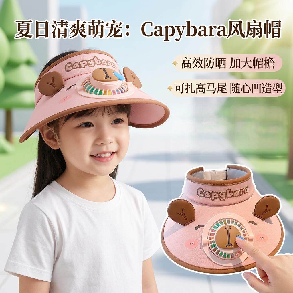 儿童风扇帽子夏季男女童卡皮巴拉防晒帽户外大帽檐遮阳空顶风扇帽