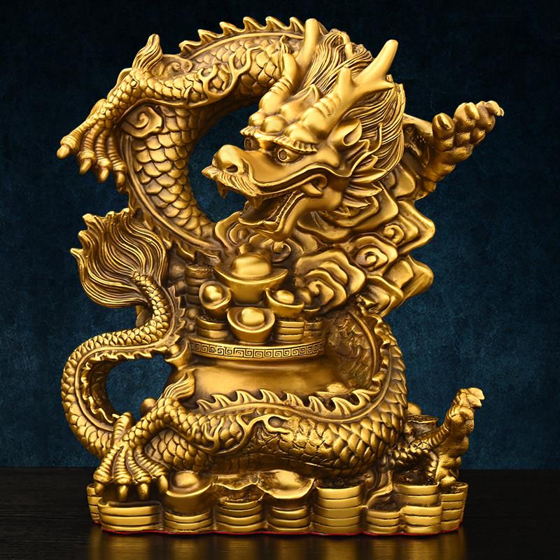铜龙摆件纯铜聚宝盆龙生肖龙祥龙客厅门店桌面装饰大号金钱元宝龙