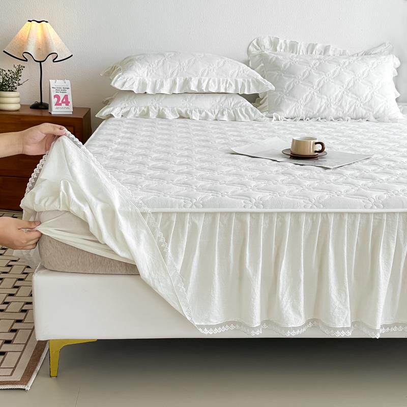 全棉水洗棉夹棉床裙床笠三件套韩版床罩防滑席梦思保护套四季通用