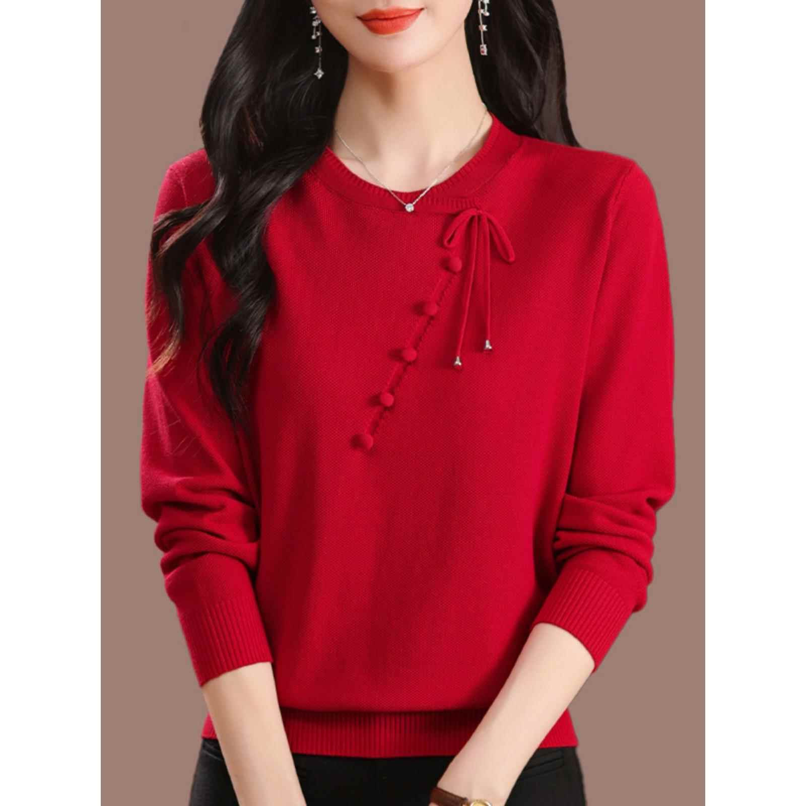 2025秋季长袖T恤女宽松妈妈装中式国风桑蚕丝针织打底衫红色上衣