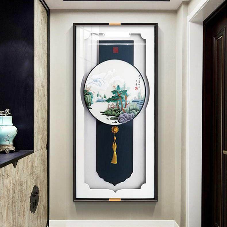 苏绣入户玄关装饰画新中式刺绣实物画走廊过道壁画客厅高档山水画