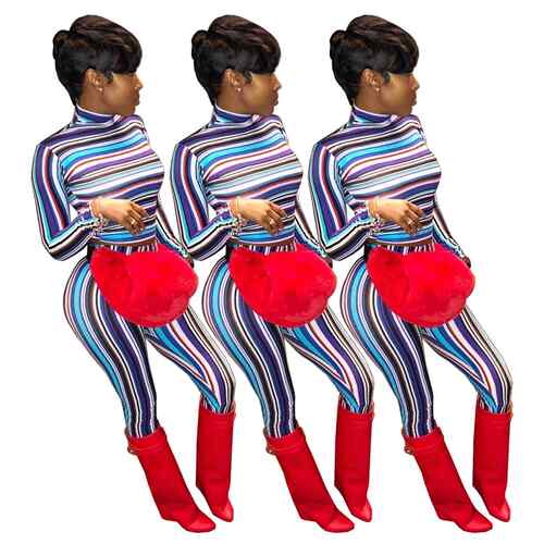 Striped high neck long sleeved women's suit