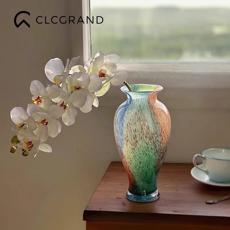 彩色玻璃花瓶琉璃装饰花器法式中古客厅餐桌插花样板间摆件水培瓶
