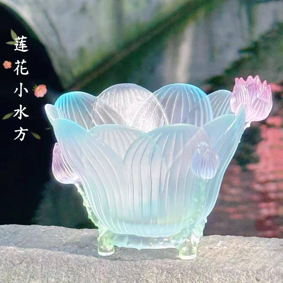 东魅莲花小水方多彩莲花杯桌面创意摆件琉璃室内瑜伽茶室莲花禅意