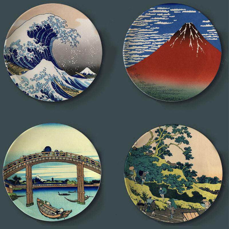 日系葛饰北斋风景装饰盘复古浮世绘艺术碟子冲浪富士山居饭厅摆盘