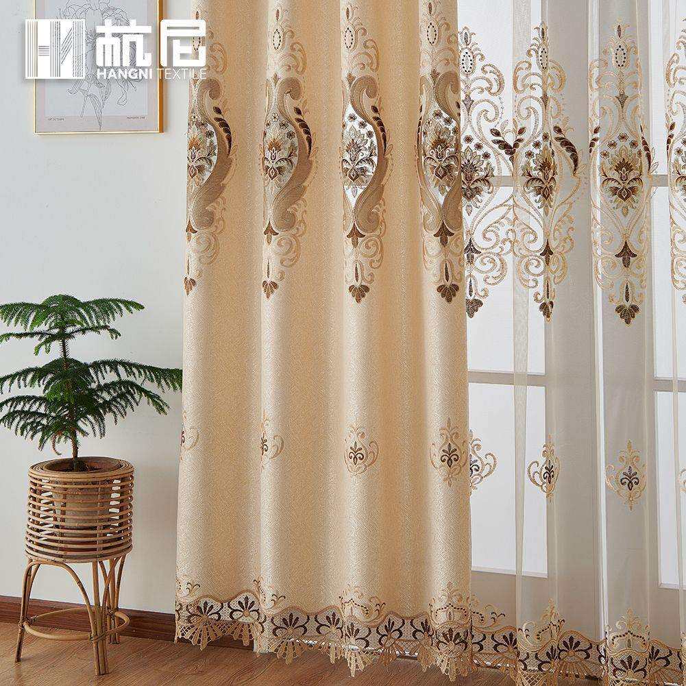 欧式双层绣花窗帘纱 新款纯色花边遮光跨境窗帘 家用成品窗帘配纱
