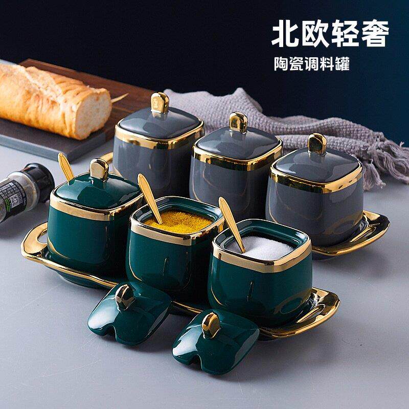 德国轻奢金边陶瓷调味罐厨房用品调料罐套装家用调料盒三件套盐罐