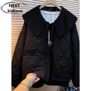 香港大码 娃娃领减龄黑色菱格棉服外套女胖mm显瘦宽松遮肉棉衣冬装