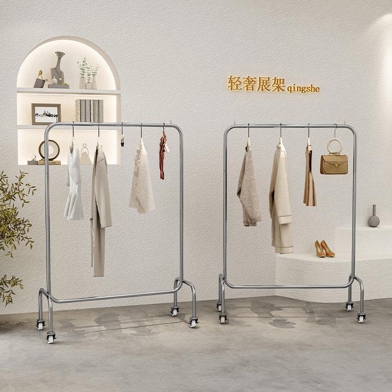 服装店展示架不锈钢落地式中岛挂衣杆女装店拉丝银童装带轮陈列架