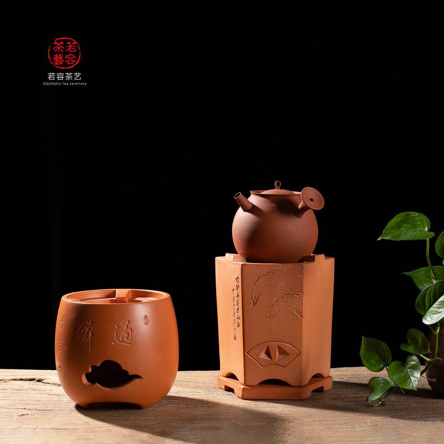 日式红泥手工炭炉茶炉高温裂红陶煮茶炉户外茶炉风炉酒精煮茶器