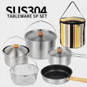 AT户外露营304不锈钢套锅自驾游车载便携野餐汤锅煎煮蒸家用锅具