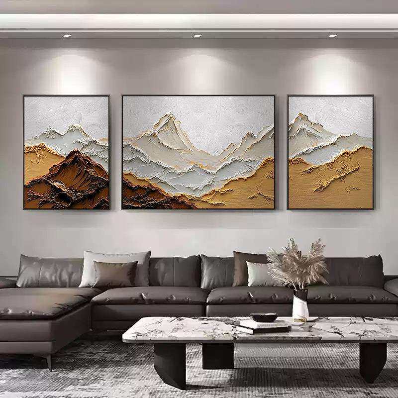 手绘油画抽象高级感三联客厅装饰画背有靠山沙发背景肌理画