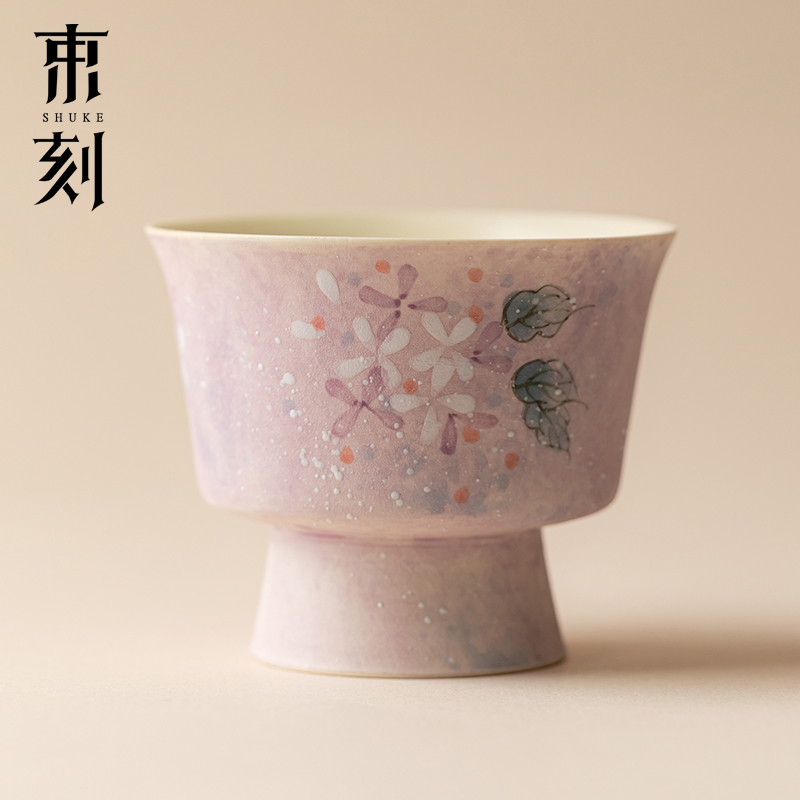 束刻淡粉高足主人杯手绘绣球花盖碗茶杯女士个人专用品茗杯喝茶杯