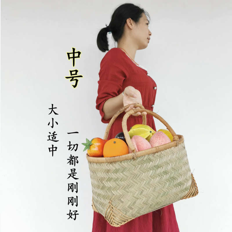 手提菜篮子家用竹编竹筐包买菜购物篮子编织野餐蓝厨房收纳放菜篮