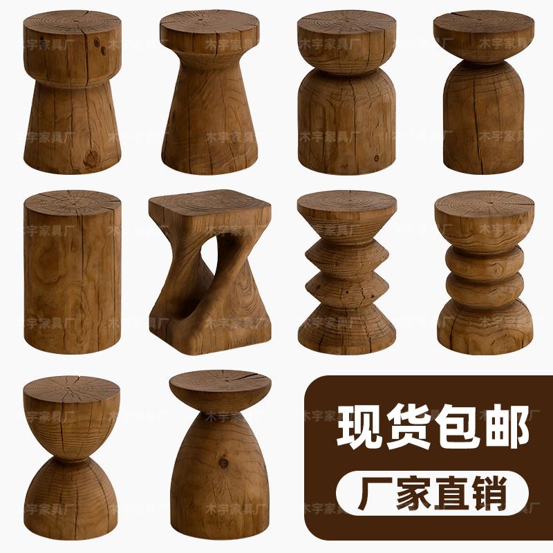 实木墩子原木老木头凳子边几圆形摆件树墩根雕民宿矮凳树桩床头柜