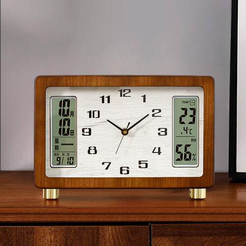 新中式实木简约座钟客厅桌面静音台钟胡桃台式摆件万年历石英钟表