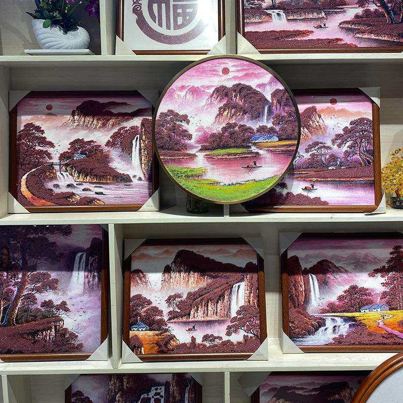 天然朱砂手绘工艺山水画国风客厅玄关摆设实木框挂画字画财神画