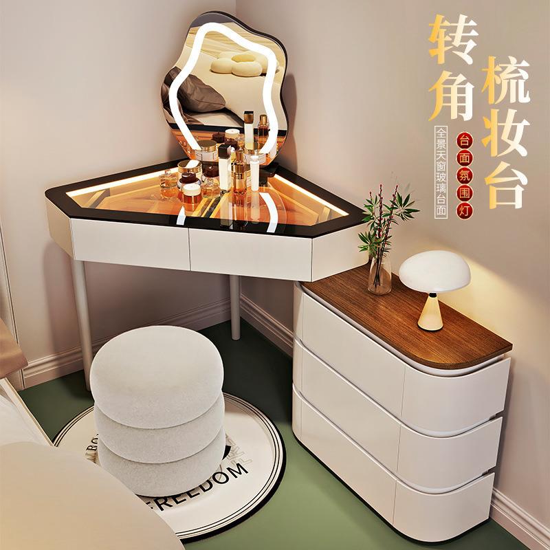 简约现代小户型转角梳妆台三角实木化妆台卧室转角边柜多功能收纳
