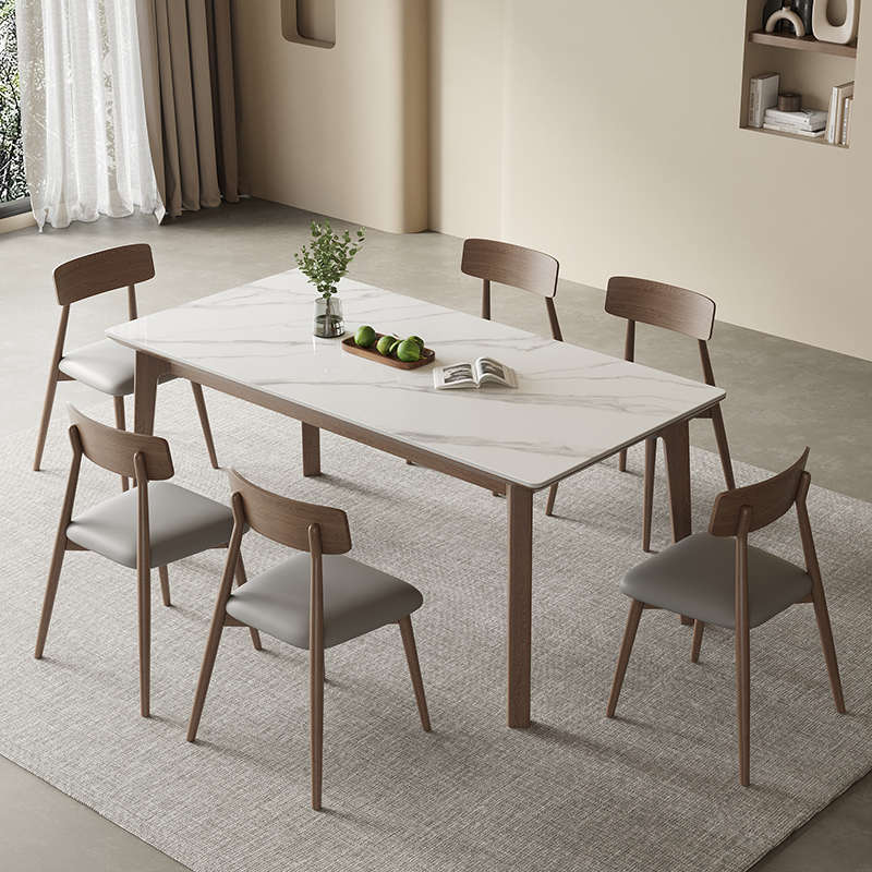 现代简约胡桃色长方形岩板餐桌家用实木餐厅客厅厨房吃饭桌椅组合
