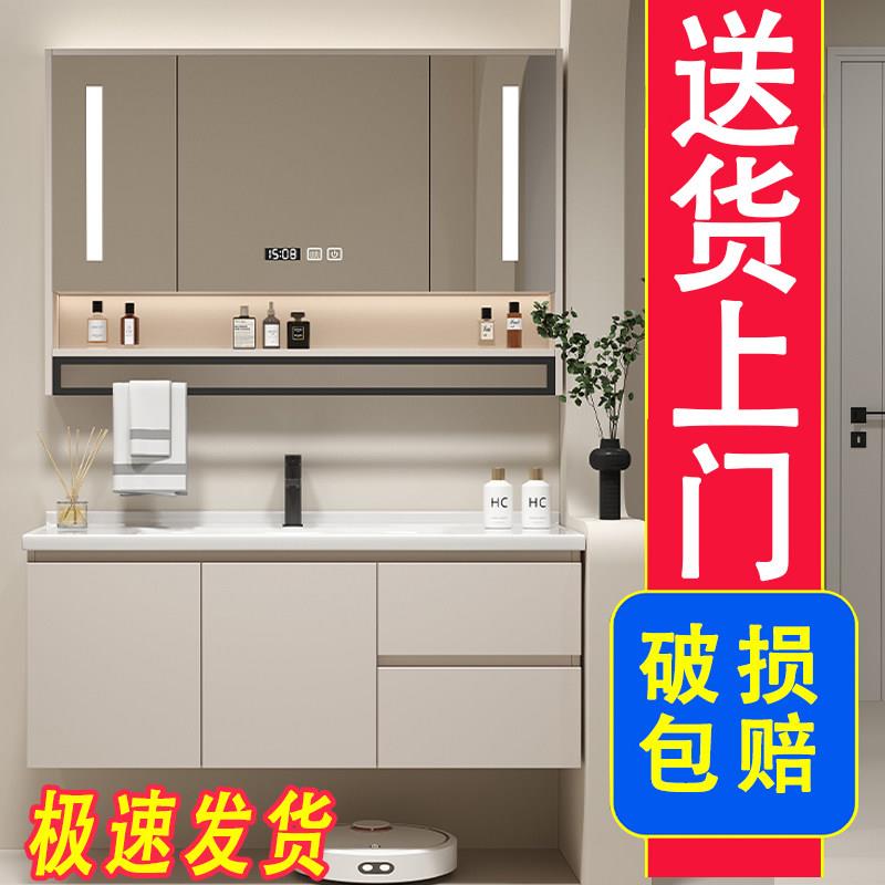 简约化妆室实木落地式洗脸盆柜组合洗漱台奶油色浴室柜陶瓷一体盆