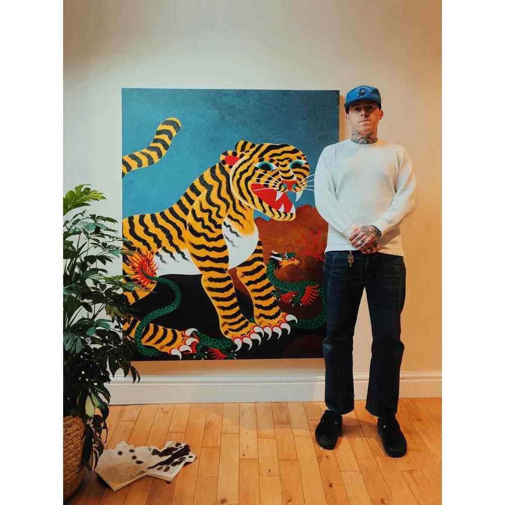 中古风艺术感老虎大幅装饰画客厅书房个性潮流动物主题墙艺术挂画