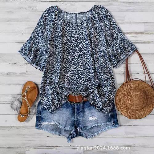 Plus Size Women's Leopard Print Short Sleeve Shirt Blouse