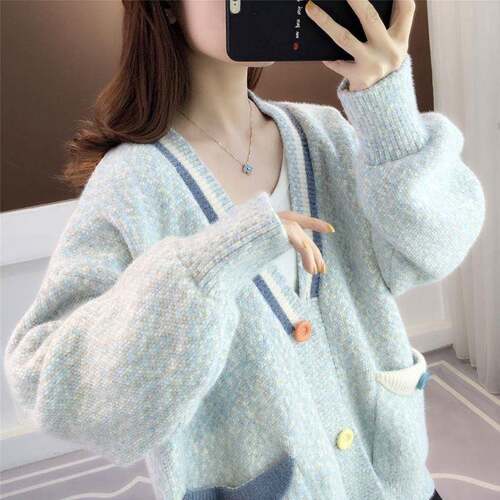 上衣针织衫女开衫203春秋季新款韩版慵懒风外穿宽松毛衣外套1002d