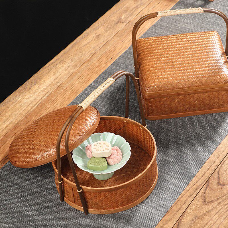 手工竹编大漆提篮双层食盒圆形带盖点心篮普洱茶饼收纳篮月饼礼盒