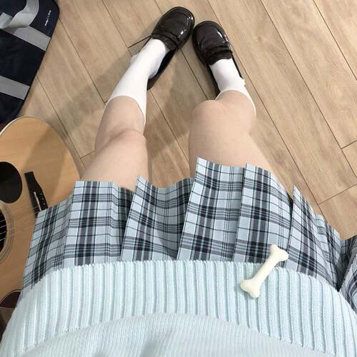 花千猪新品 青空格裙 jk制服校供感百褶裙绿格百搭jk